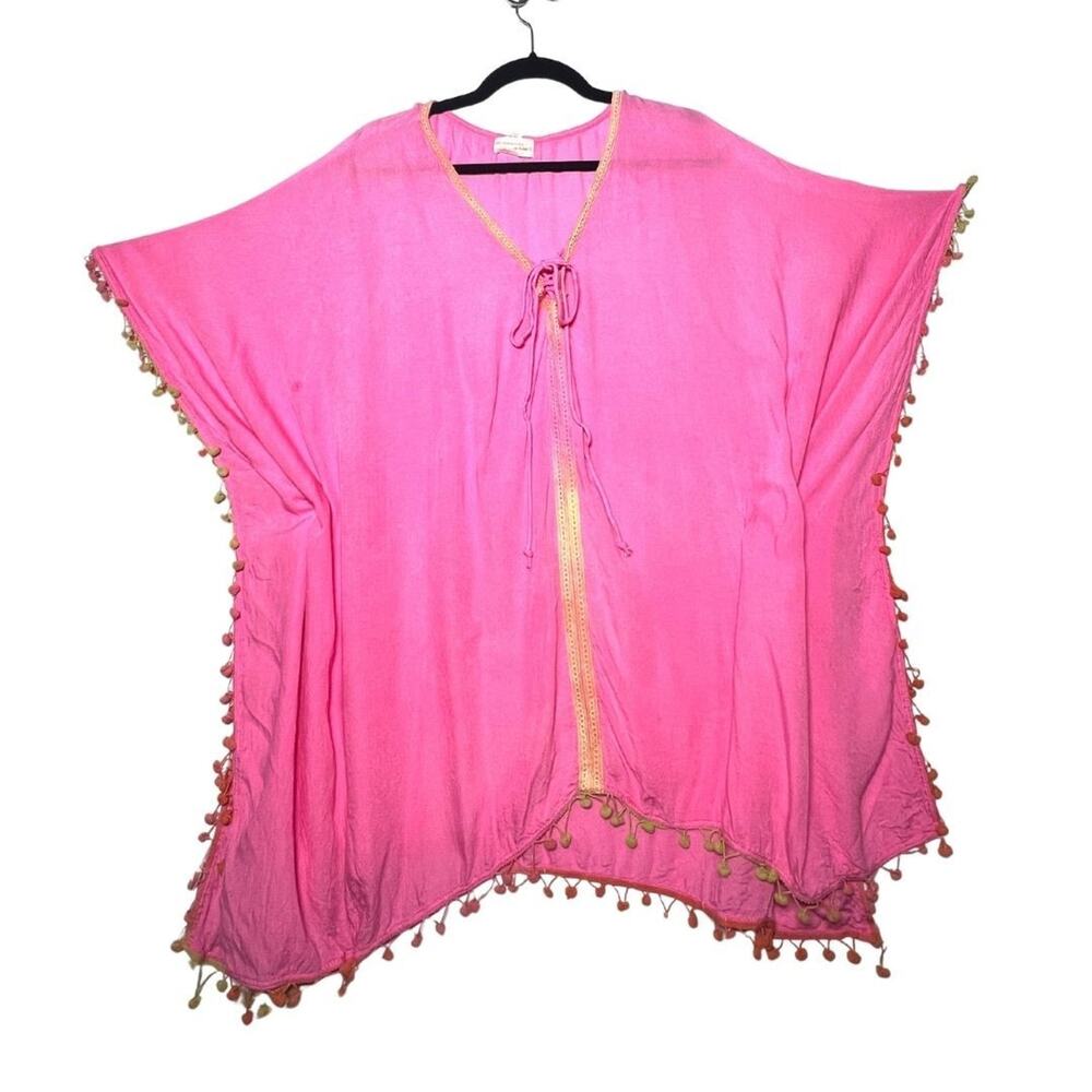 Pink Beach Coverup Gradient Pom Pom Crochet Trim with Drawstrings Barbie Core SM
